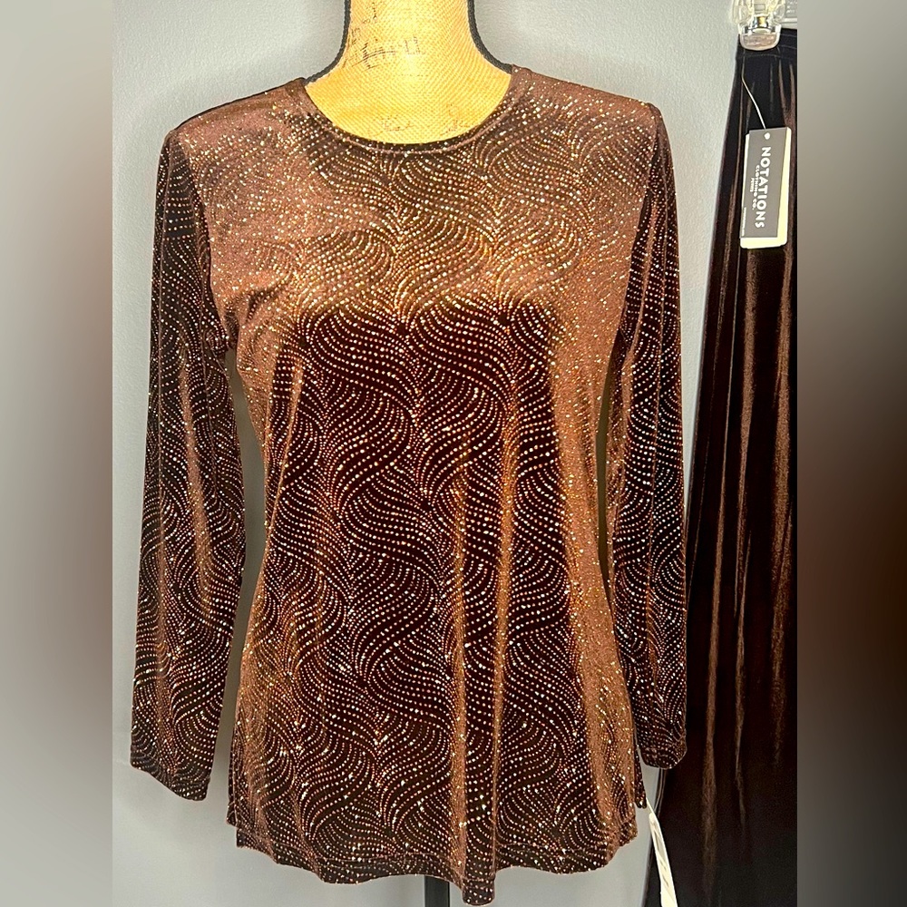 NWT Vintage Two Piece Brown Long Sleeve Top and Pants with Elastic Waist